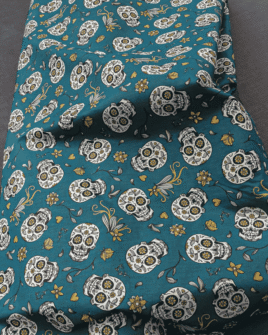 tissu coton tête de mort meicaine bleu pétrole