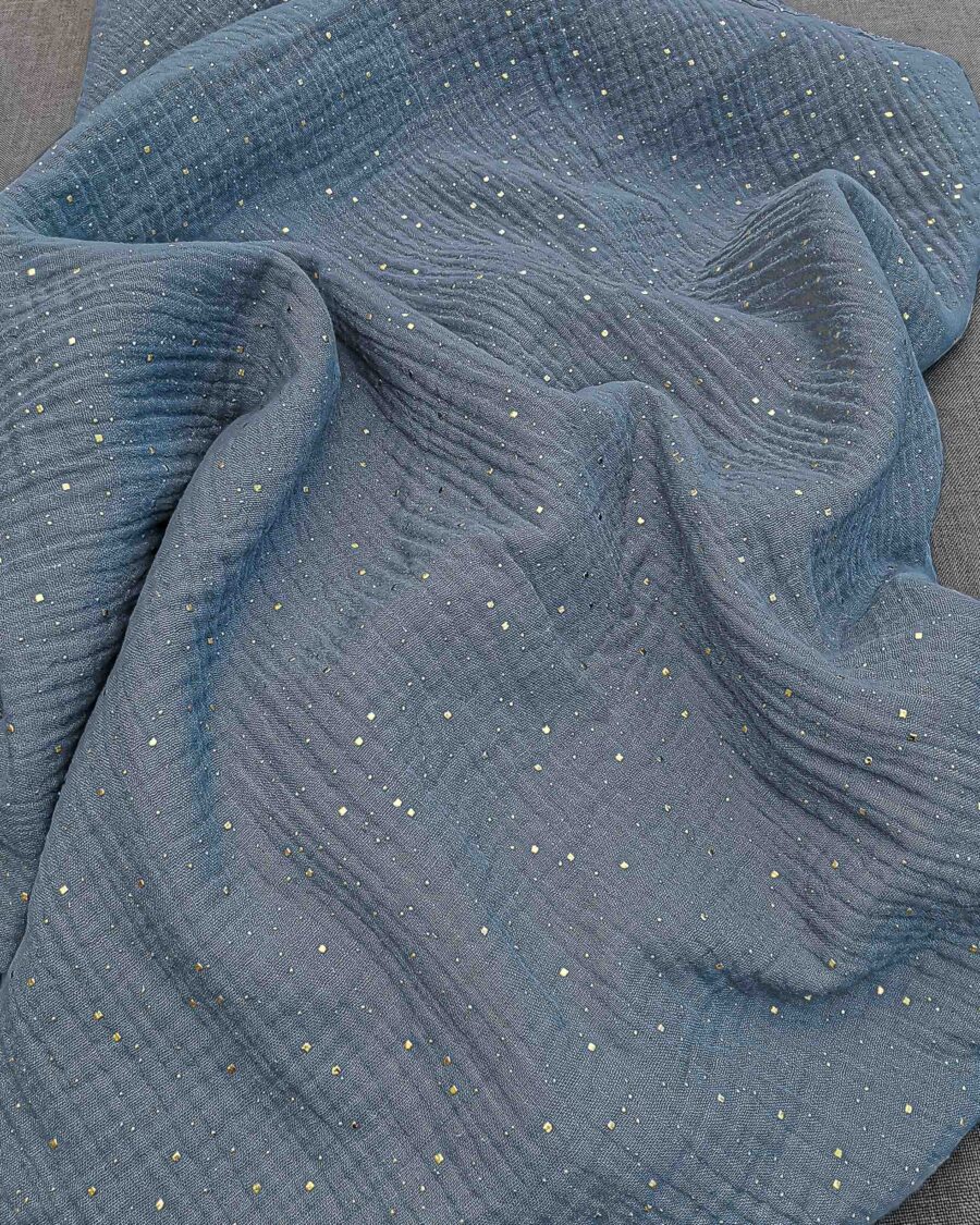 tissu double gaze pois doré bleu denim