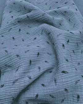 tissu double gaze imprimé plume bleu denim