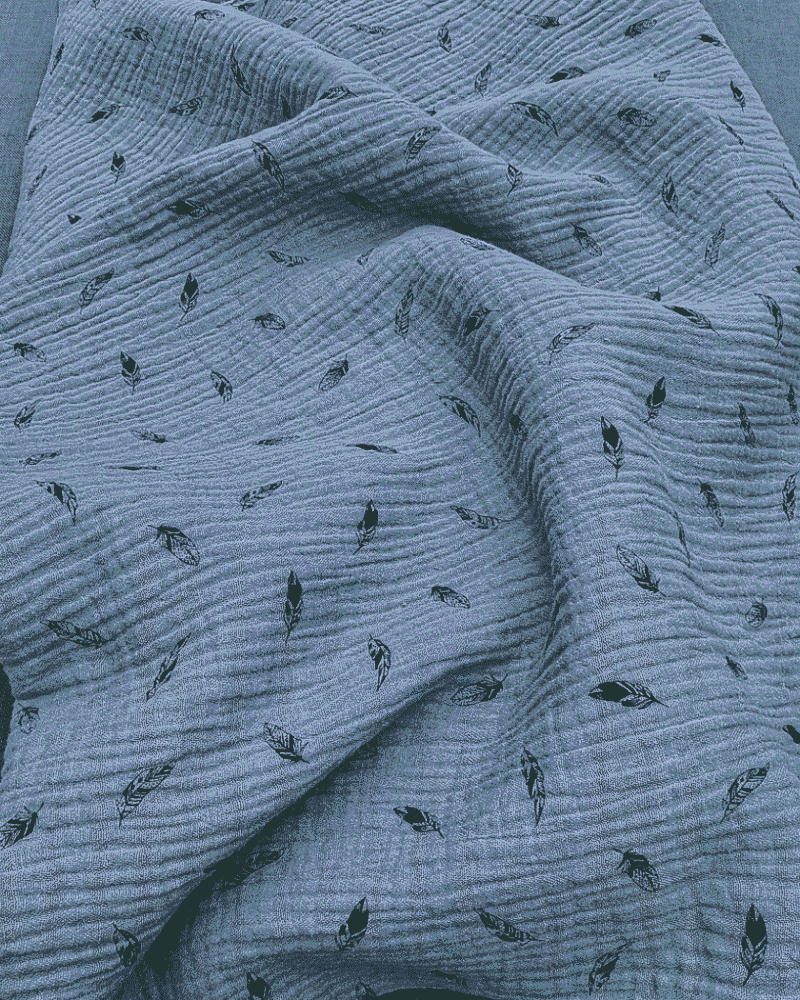 tissu double gaze imprimé plume bleu denim