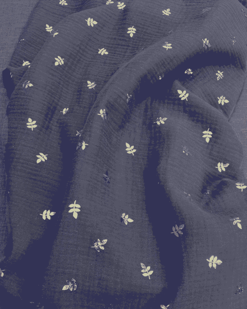 tissu double gaze imprimé feuille métallisé bleu marine