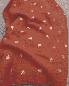 tissu double gaze imprimé feuille métallisé terracotta