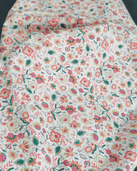 tissu coton fleur rose orange vert