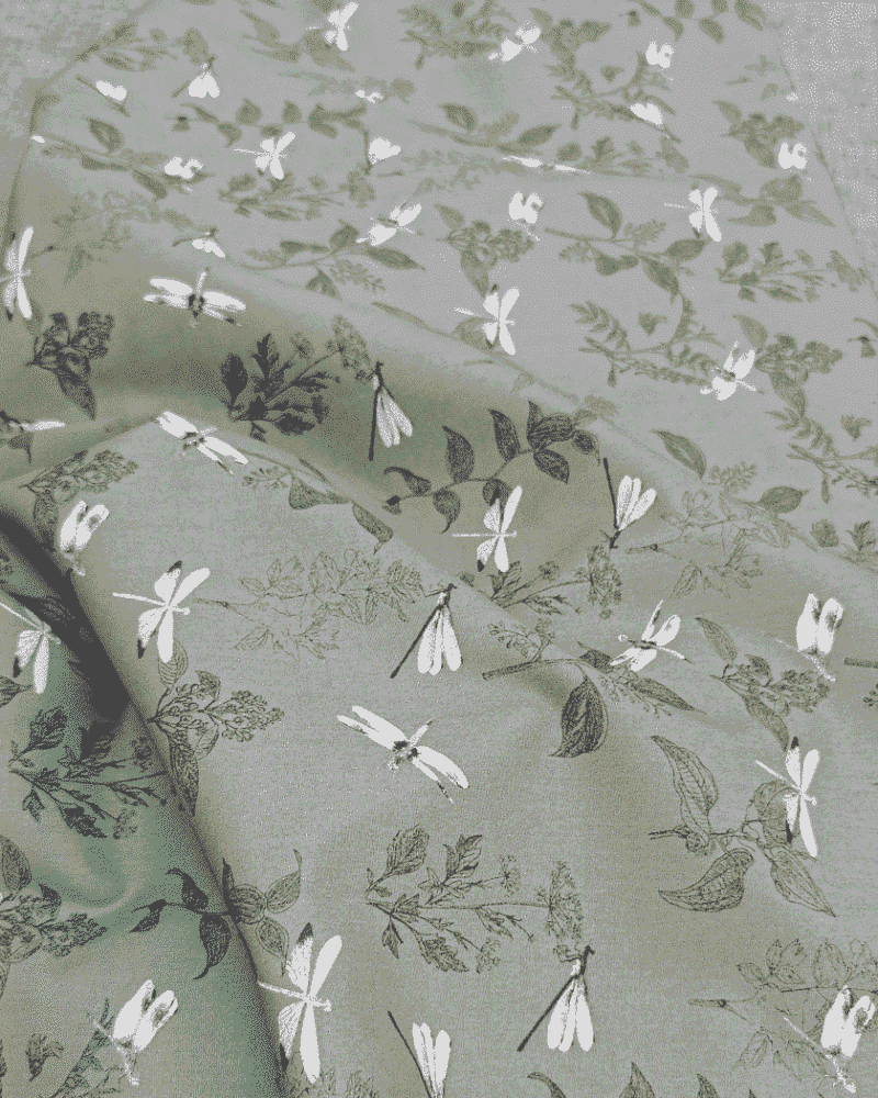 tissu coton libellule vert de gris