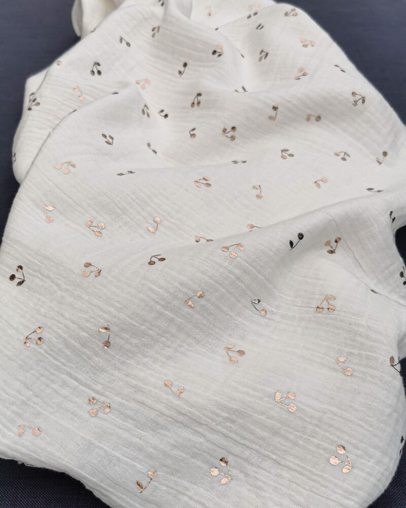tissu double gaze imprimé cerise métallisé blanc oeko-tex