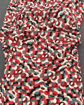 tissu viscose motif cercle rose poudré rouge bleu-vert