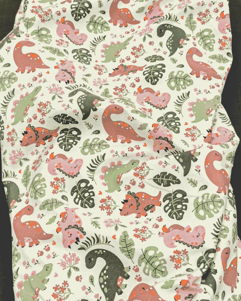 Tissu Jersey Dinosaure Ton Rouille Vert Rose