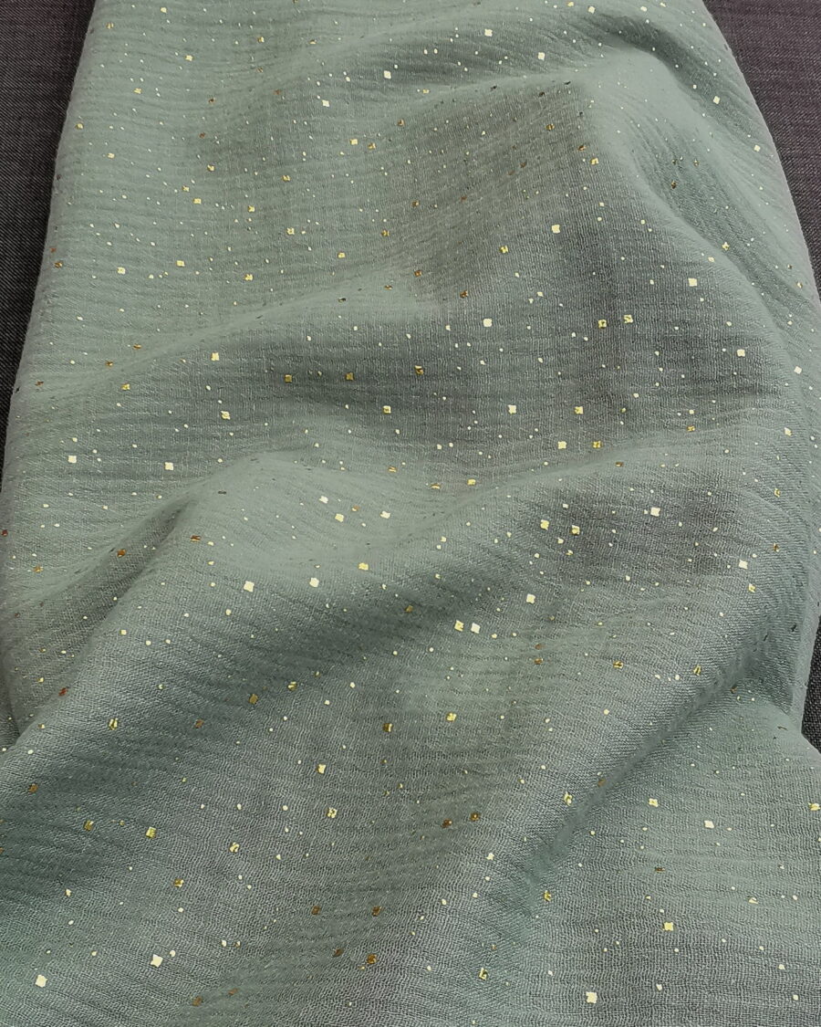 Tissu Double Gaze Pois Dorés Vert De Gris oeko-tex
