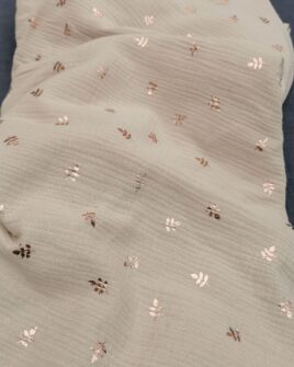 Tissu Double Gaze Feuille Métallisée Beige