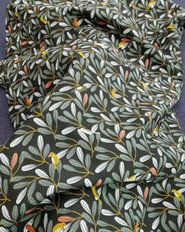 tissu coton feuillage oiseau vert de gris marsala