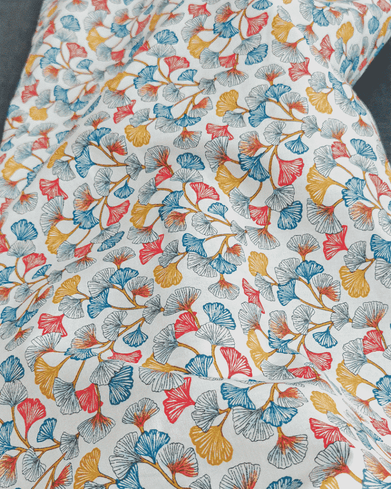 Coton Enduit Fleur Gingko Multicolore Fond Blanc