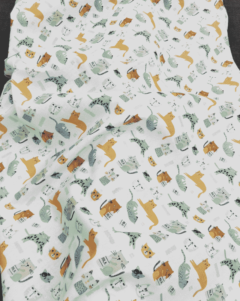 Coton Motif Chat Fond Blanc