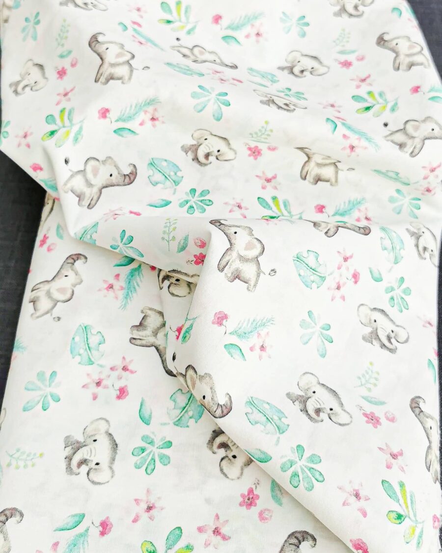 Coton Impression Digitale Motif Petit Éléphant Blanc
