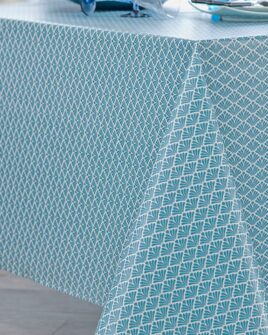 Nappe en Coton Enduit Acrylique Motif Art Déco Bleu Pétrole zoomé