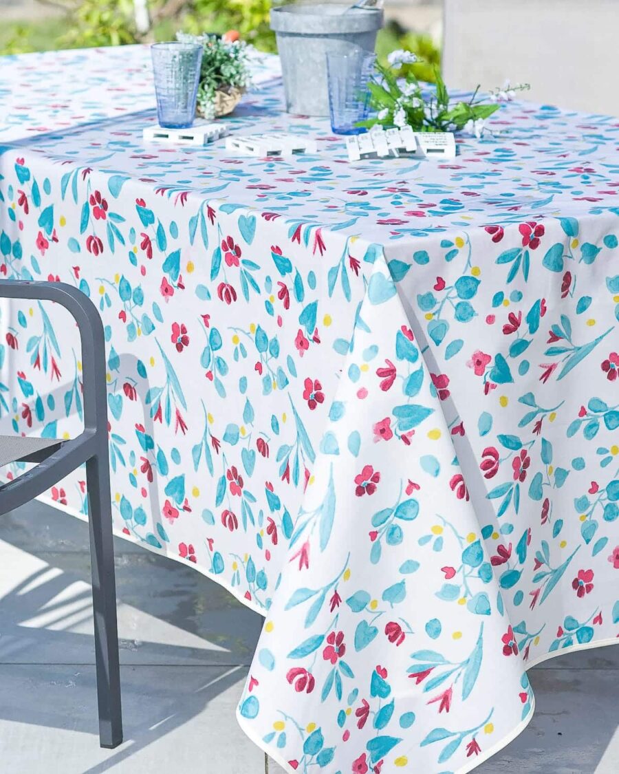 Nappe en Coton Enduit PVC Mat Fleur Bleu et Fuchsia