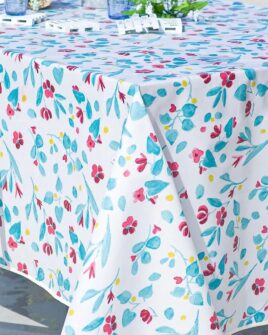 Nappe en Coton Enduit PVC Mat Fleur Bleu et Fuchsia zoomé