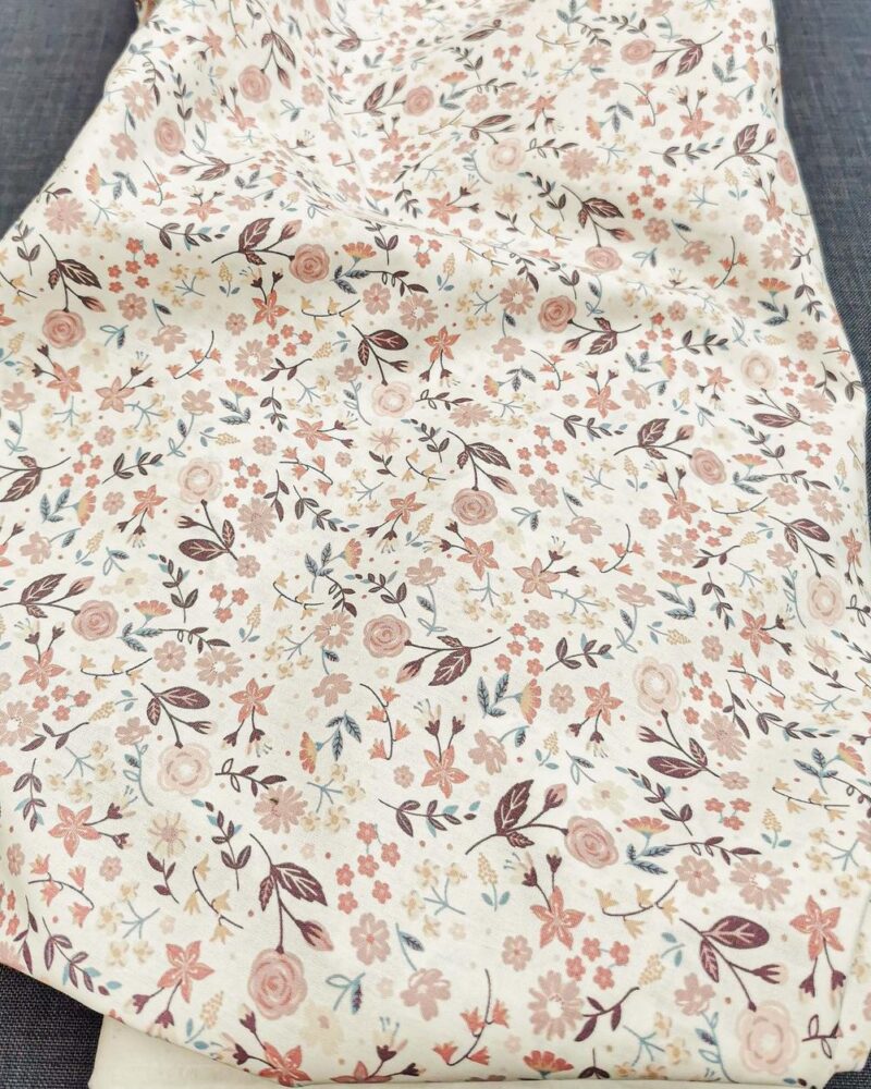 tissu coton bio gots fleuri prune vieux rose bleu jean