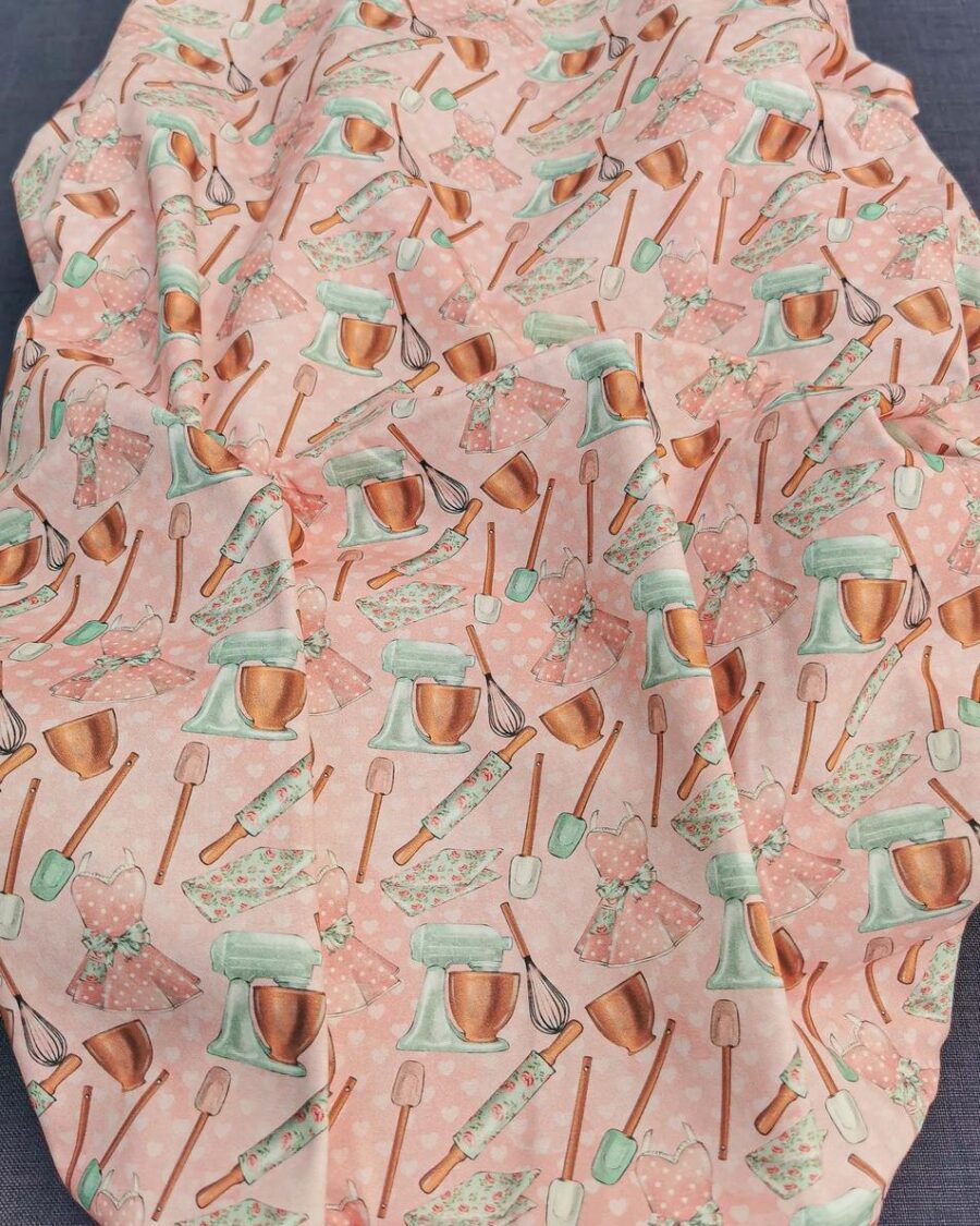 Coton Biologique Cuisine Vintage Rose Impression Digitale
