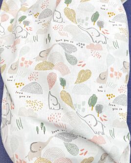 Tissu Coton Motif Éléphant Fond Blanc