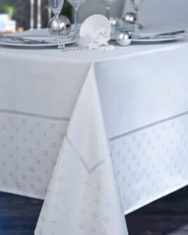 Nappe Damassée Motifs Croix avec Fils Lurex Blanc Polyester