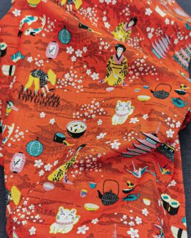 tissu coton imprimé chat et temple japonais paprika oeko-tex