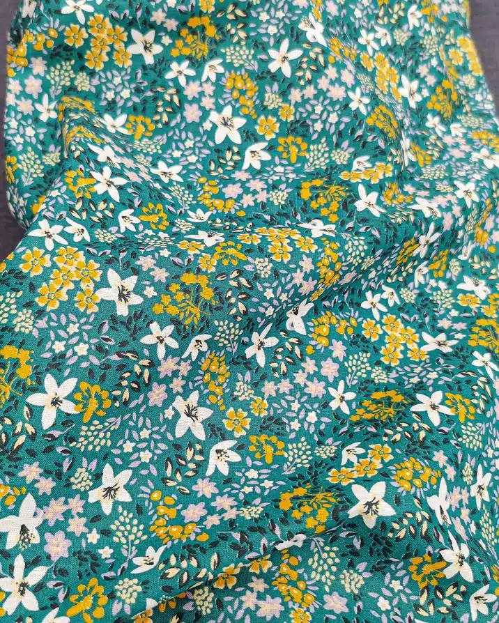 coton petite fleur japonaise bleu-vert et moutarde