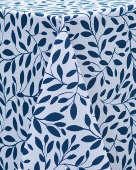 Nappe polyester karli feuillage rectangle bleu marine et blanc