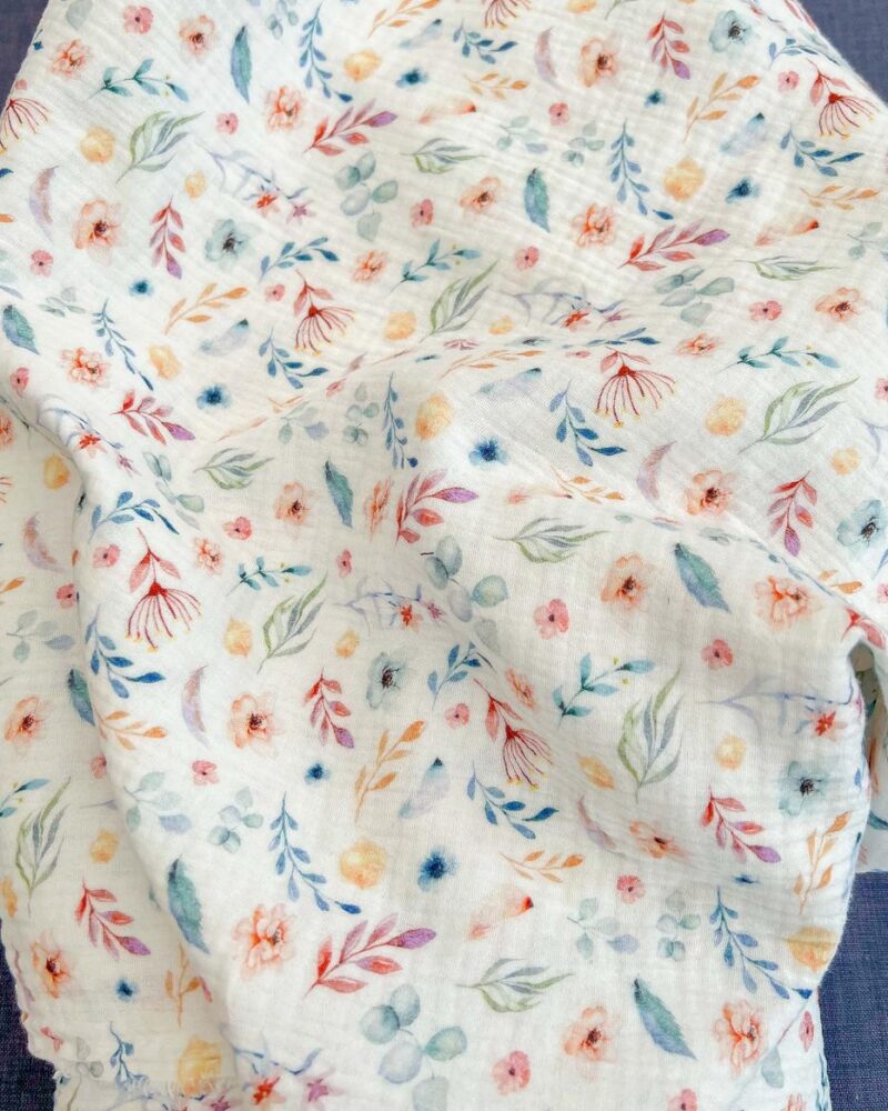tissu double gaze impression digitale feuillage et fleur multicolore label oeko-tex