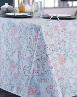 Nappe polyester Falbala motif cachemire sur fond gris