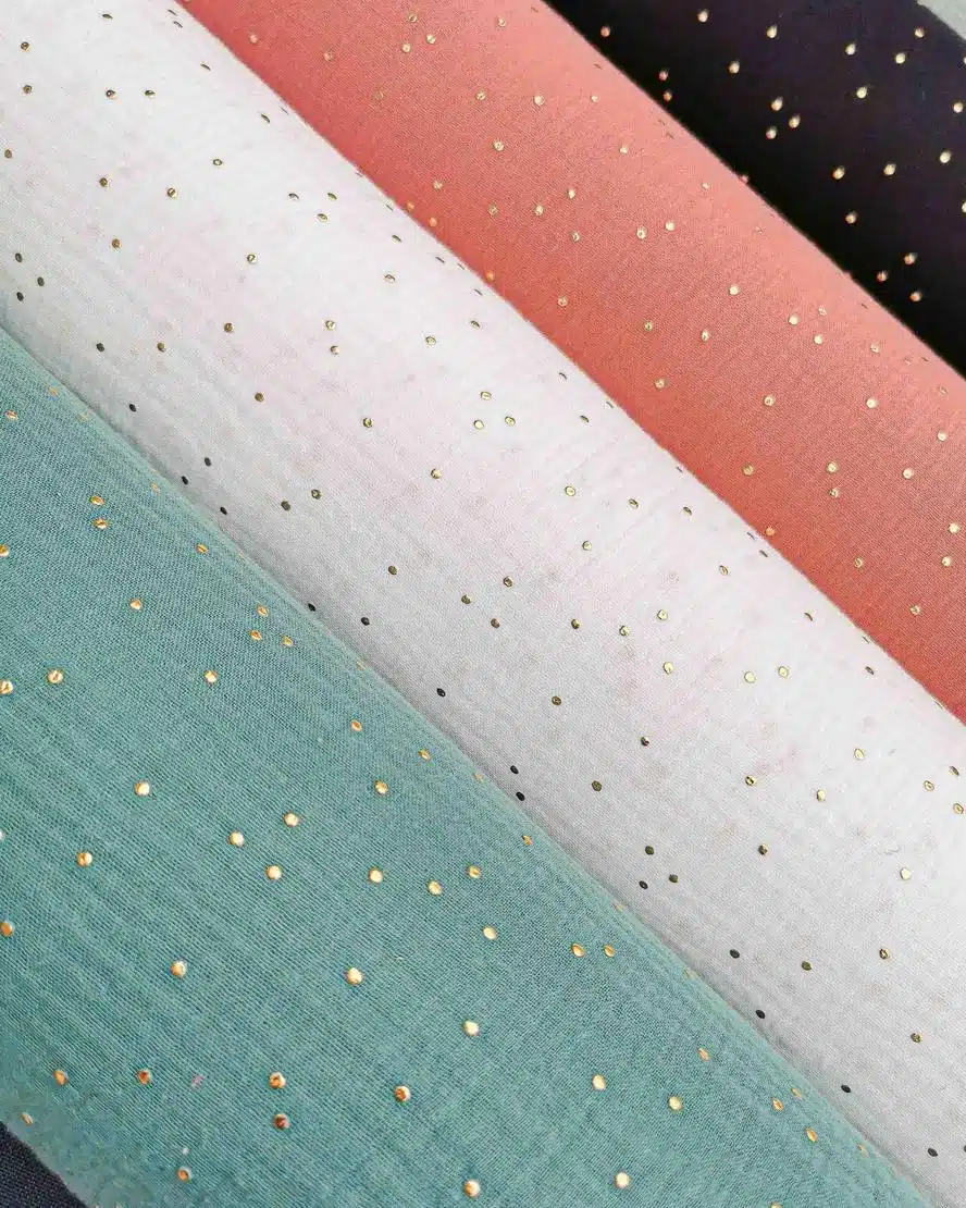 Tissu Double Gaze de Coton Pois Doré et grenat MPM