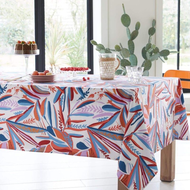 Nappe en Coton Enduit Feuille Exotique Bleu Lilas