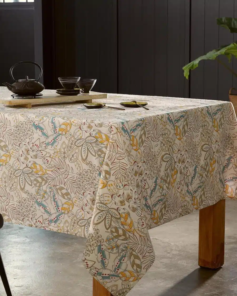 nappe coton enduit feuillage bleu moutarde taupe