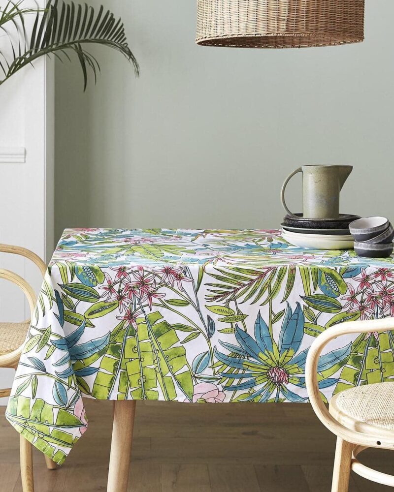 nappe en coton enduit feuille exotique vert et violet
