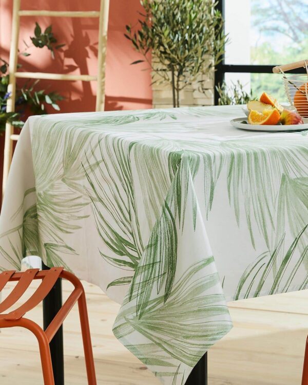 nappe en coton enduit feuille végétale vert et blanc