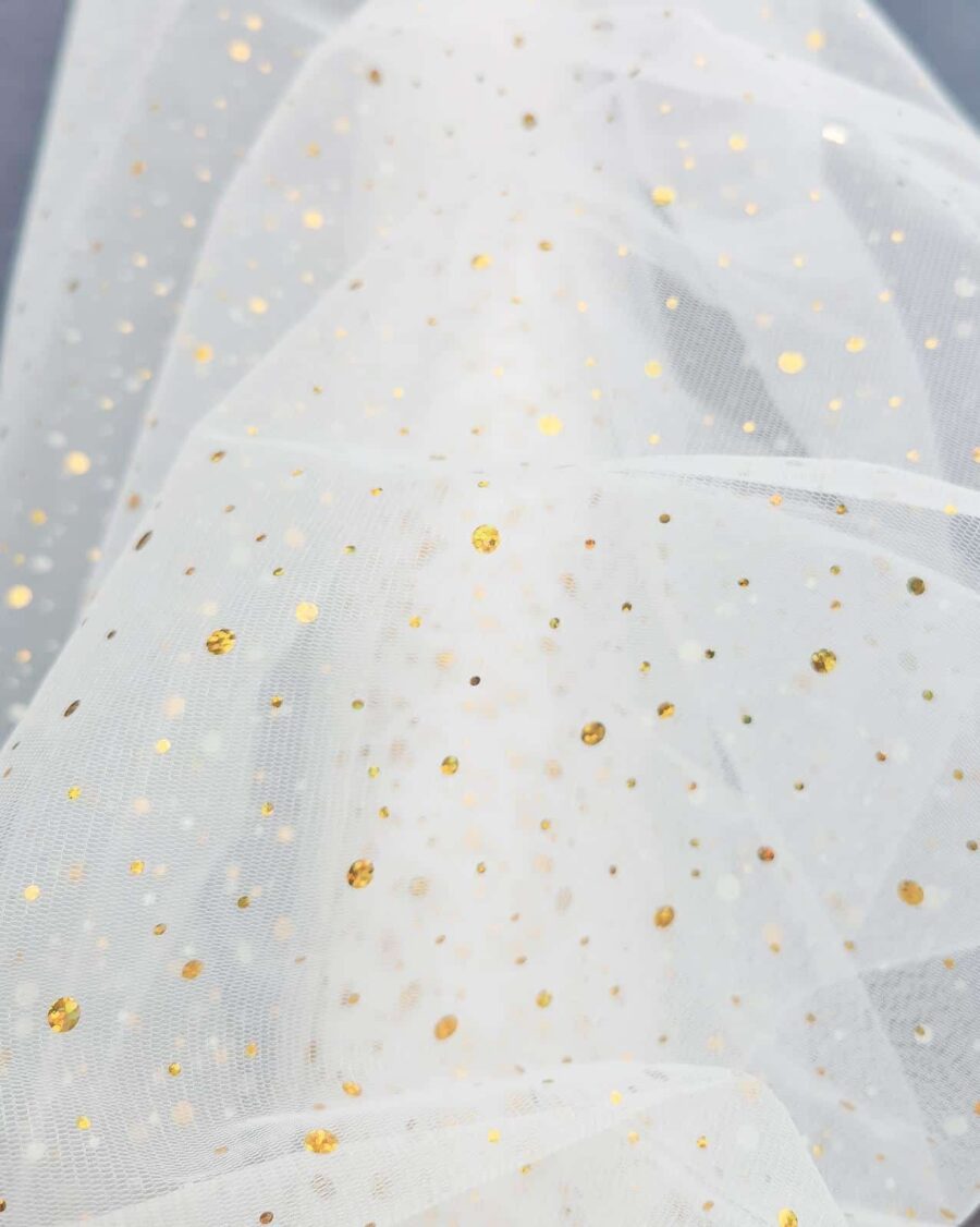 tissu tulle blanc pailleté or