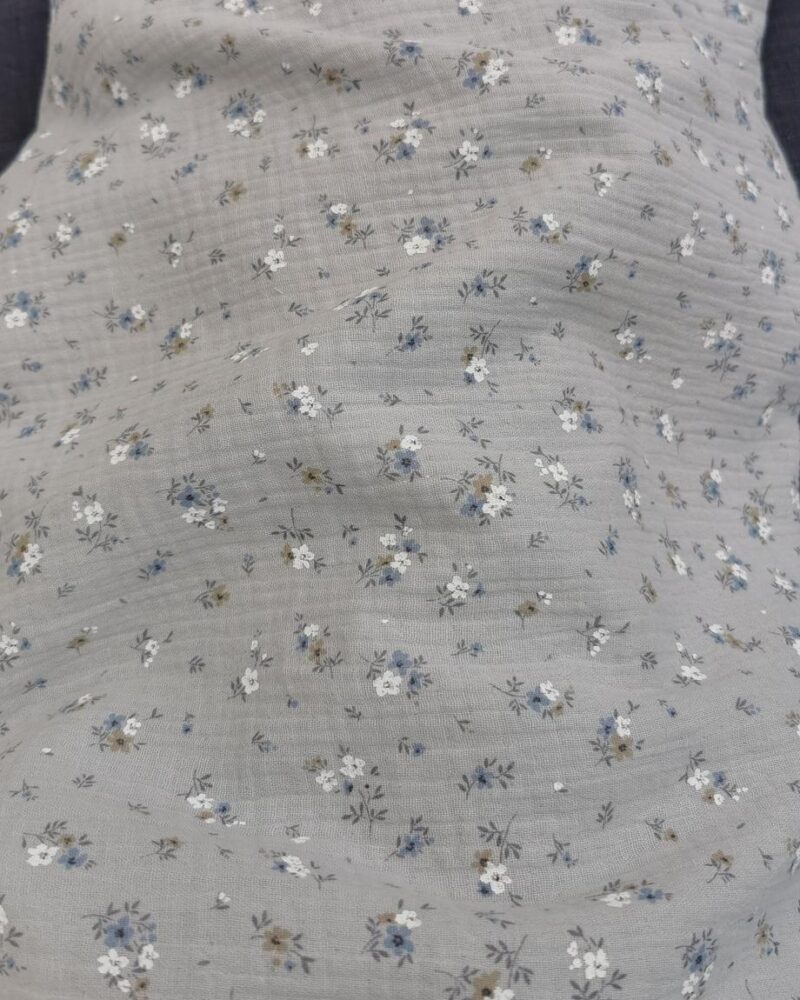 tissu double gaze fleuri gris bleu blanc
