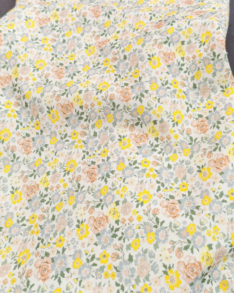 tissu coton fleuri biologique rose et jaune pastel