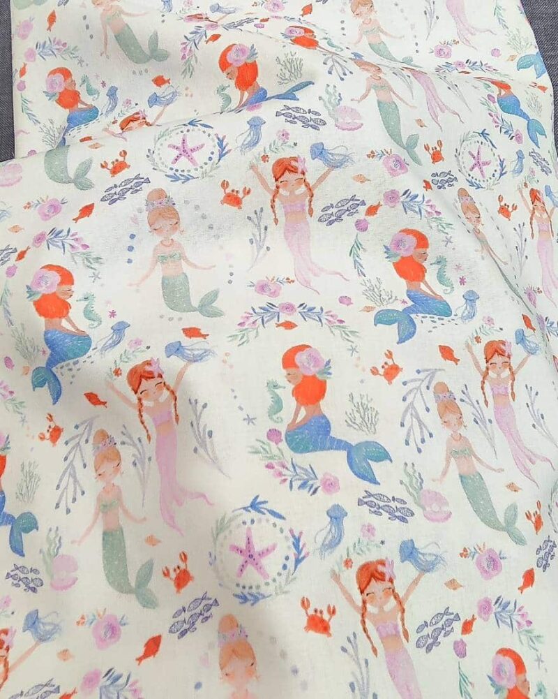 tissu coton imprimé sirène blanc