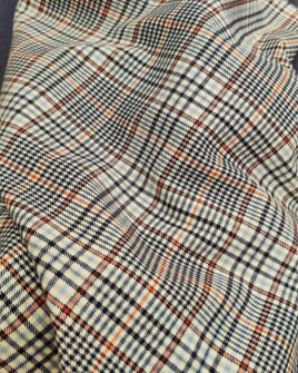 tissu prince de galle rouille et bleu fond blanc cassé