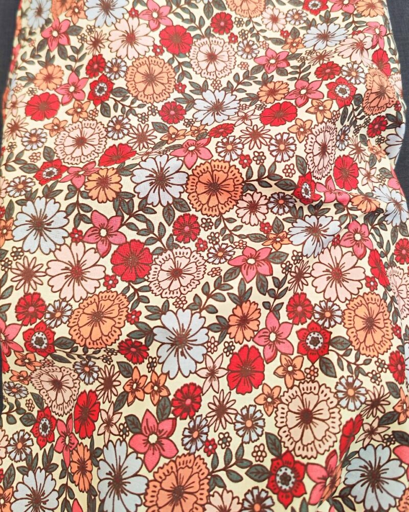 tissu coton enduit fleur melon rouge bleu ciel rose