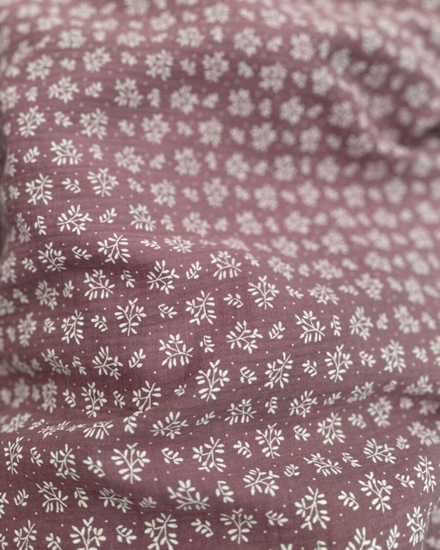 tissu double gaze fleuri prune