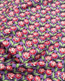 tissu coton bio motif tulipe fond violet