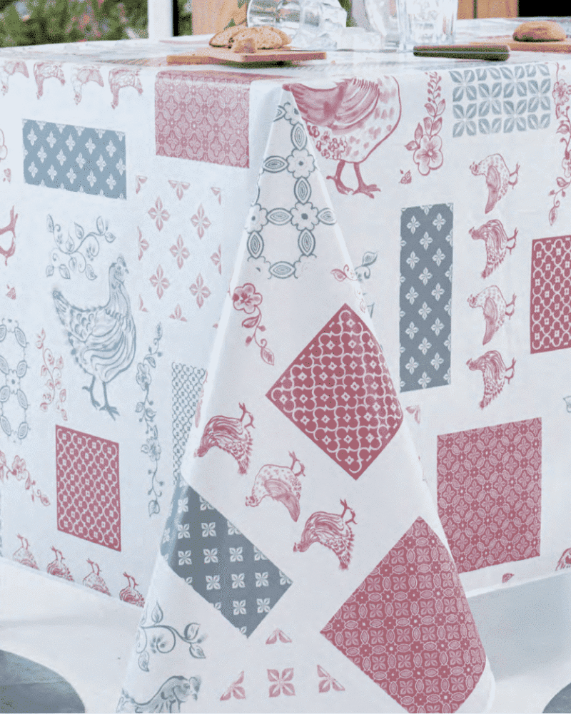 nappe toile cirée basse cour gris et rouge
