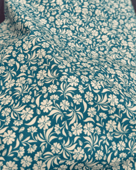 tissu coton bio fleur bleu pétrole et blanc