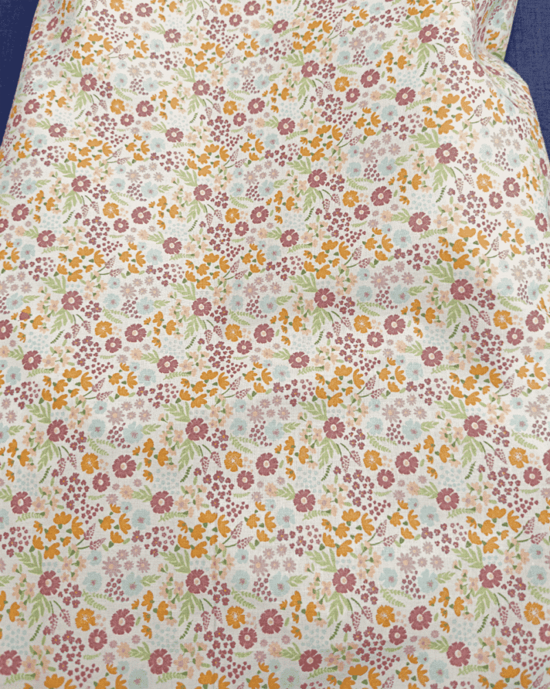 tissu coton bio fleuri bleu ciel camel et prune