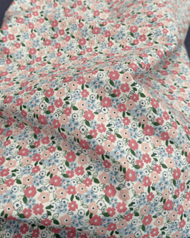 tissu coton bio fleuri rose bleu ciel