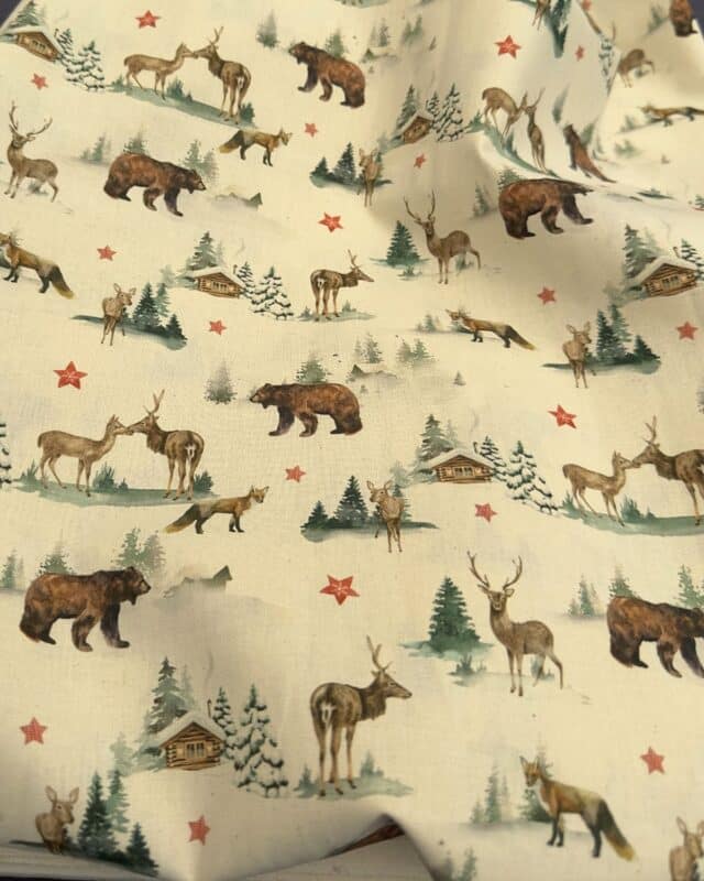 tissu coton biologique ours et rennes de noël fond lin