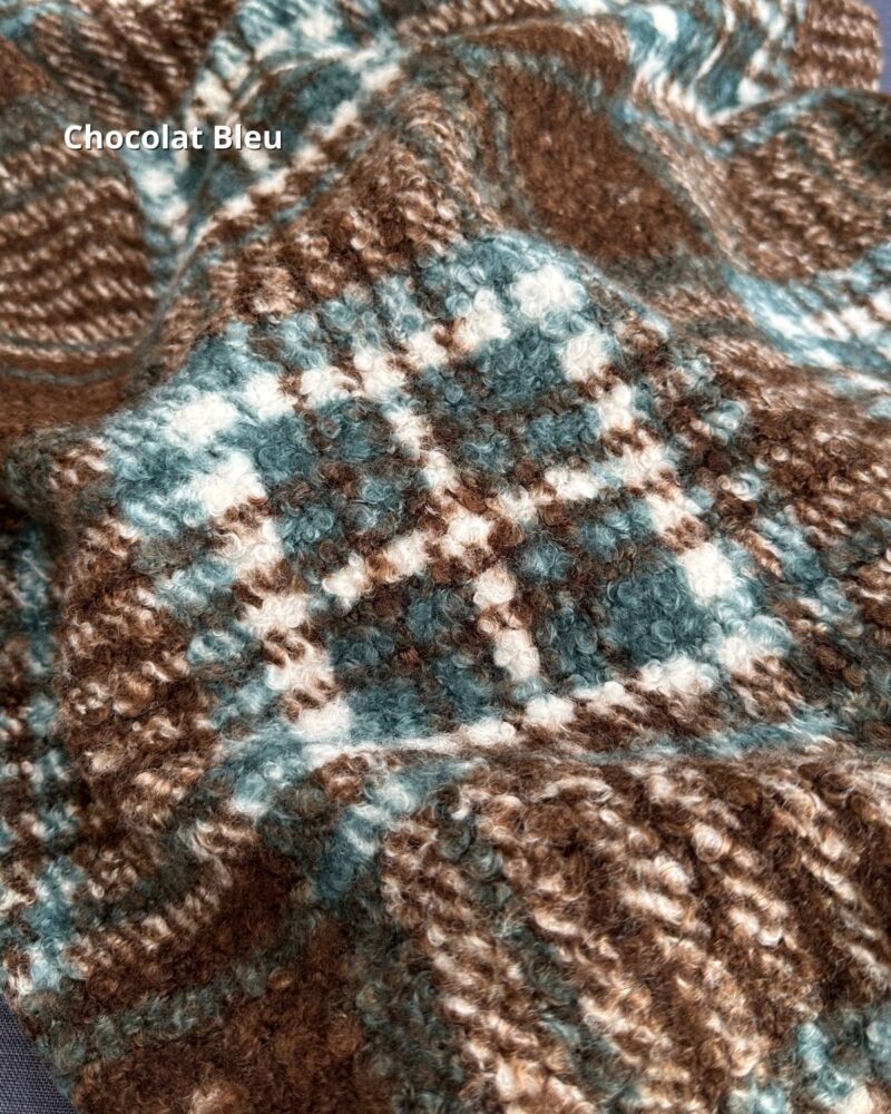 tissu lainage bouclette imprimé tartan écossais bleu chocolat