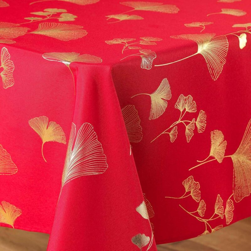 nappe polyester imprimé ginkgo rouge or