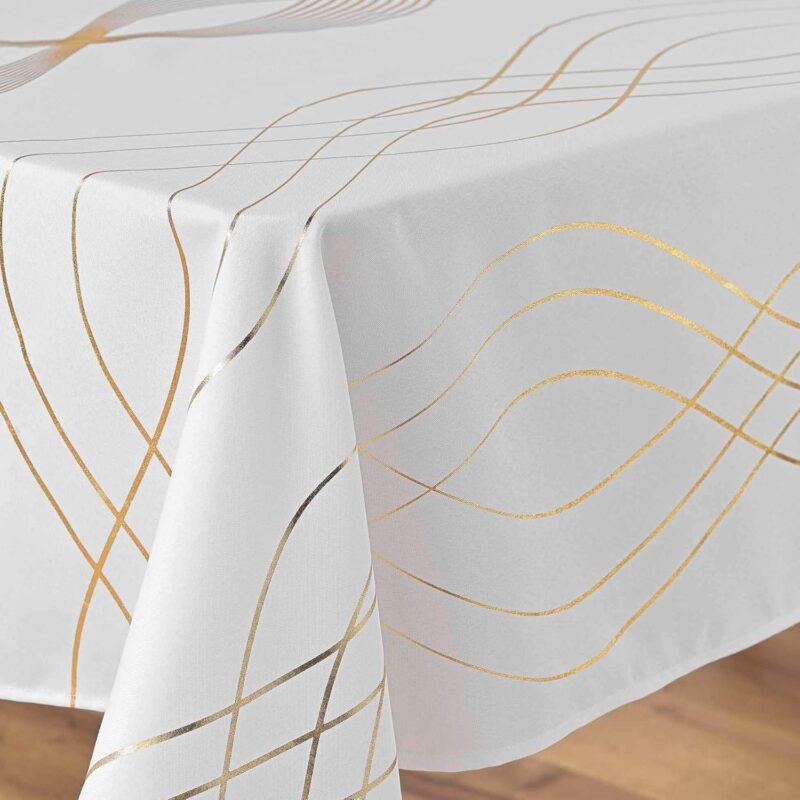 nappe polyester motif strass métallisé blanc or